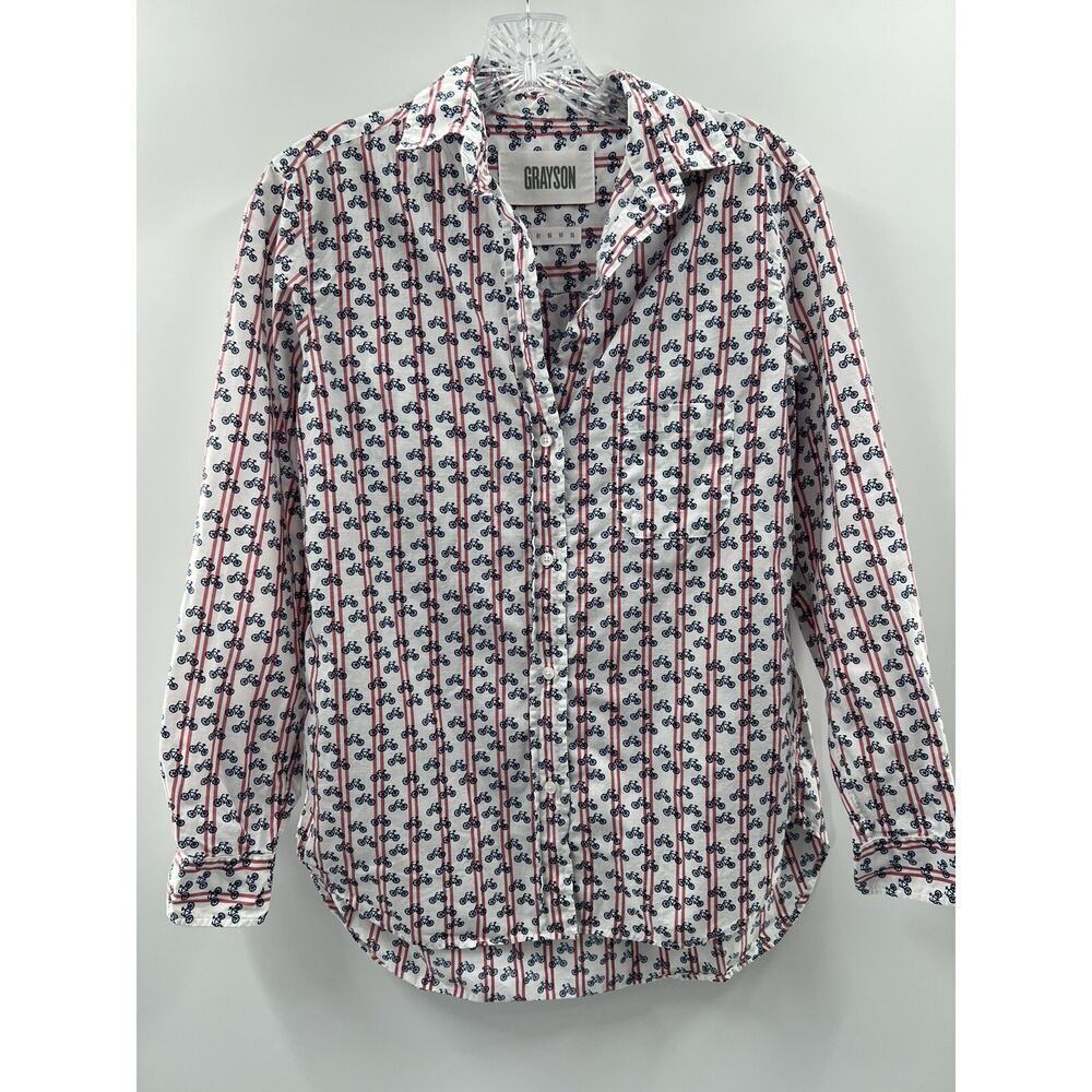 Grayson Women’s Long Sleeve Button Up “The Hero” Bicycle Print Shirt Size XS